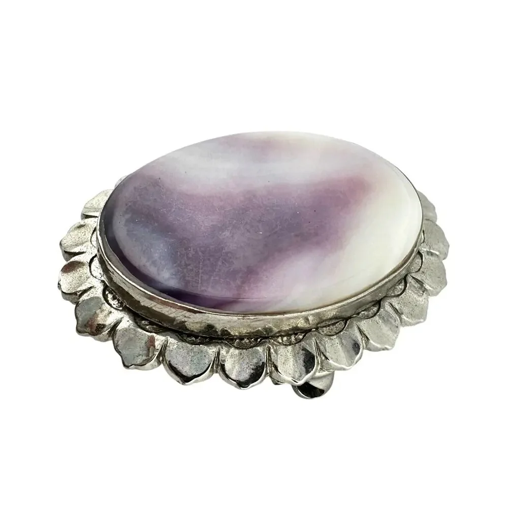 Vintage Wampum Shell Oval Scalloped Bezel Silver Tone Converter Brooch